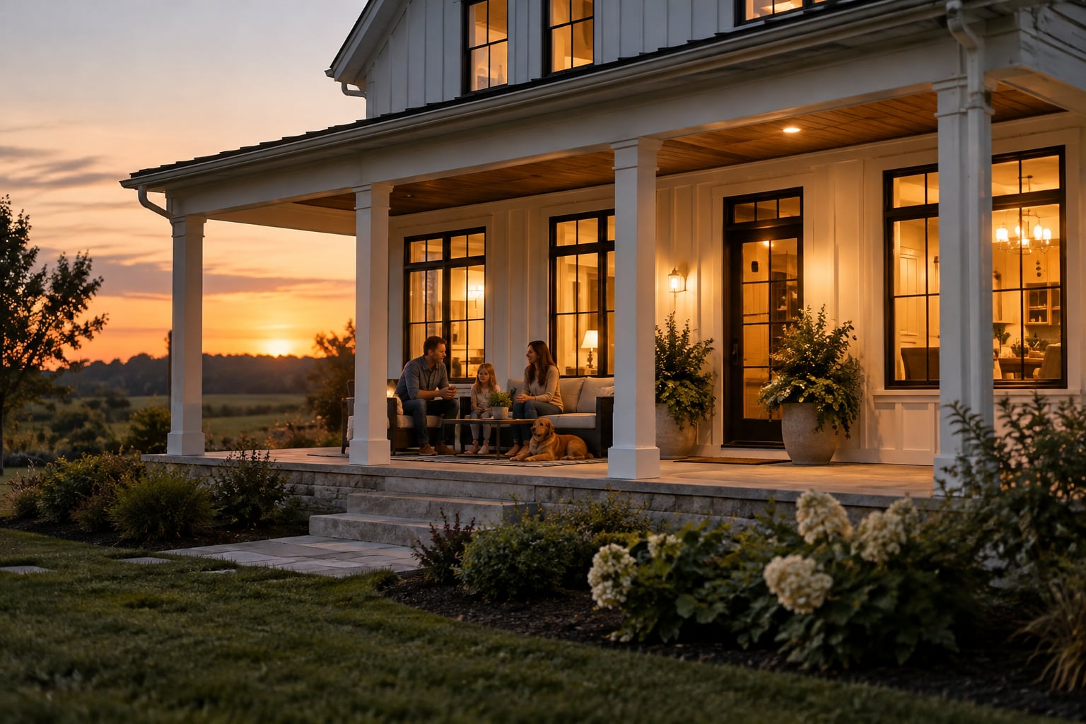 Farmhouse porch in the evening with warm light in the windows