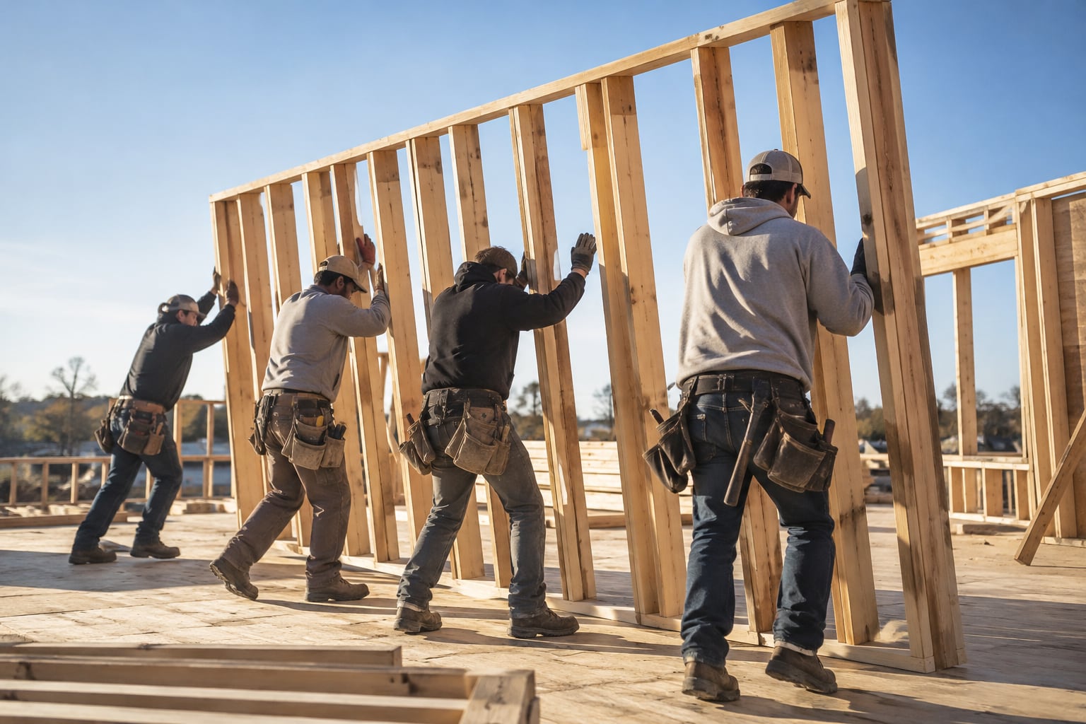 A framing crew lifting a timber wall section into place on a new house