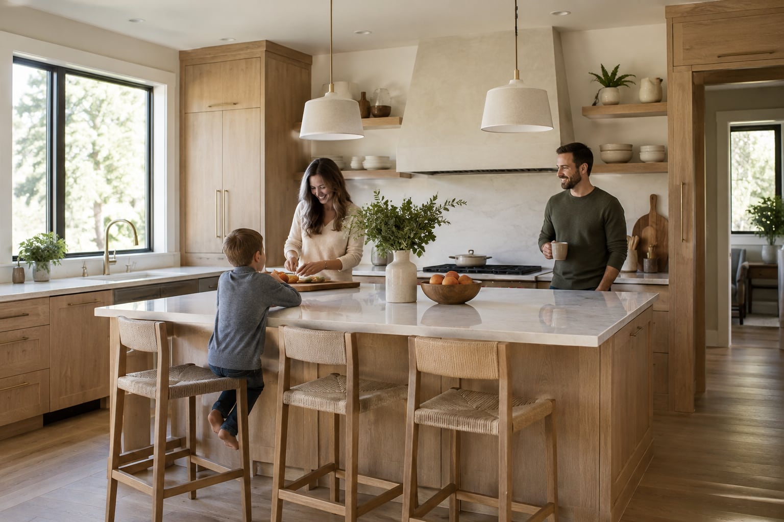 Finished kitchen with white oak cabinetry in daylight