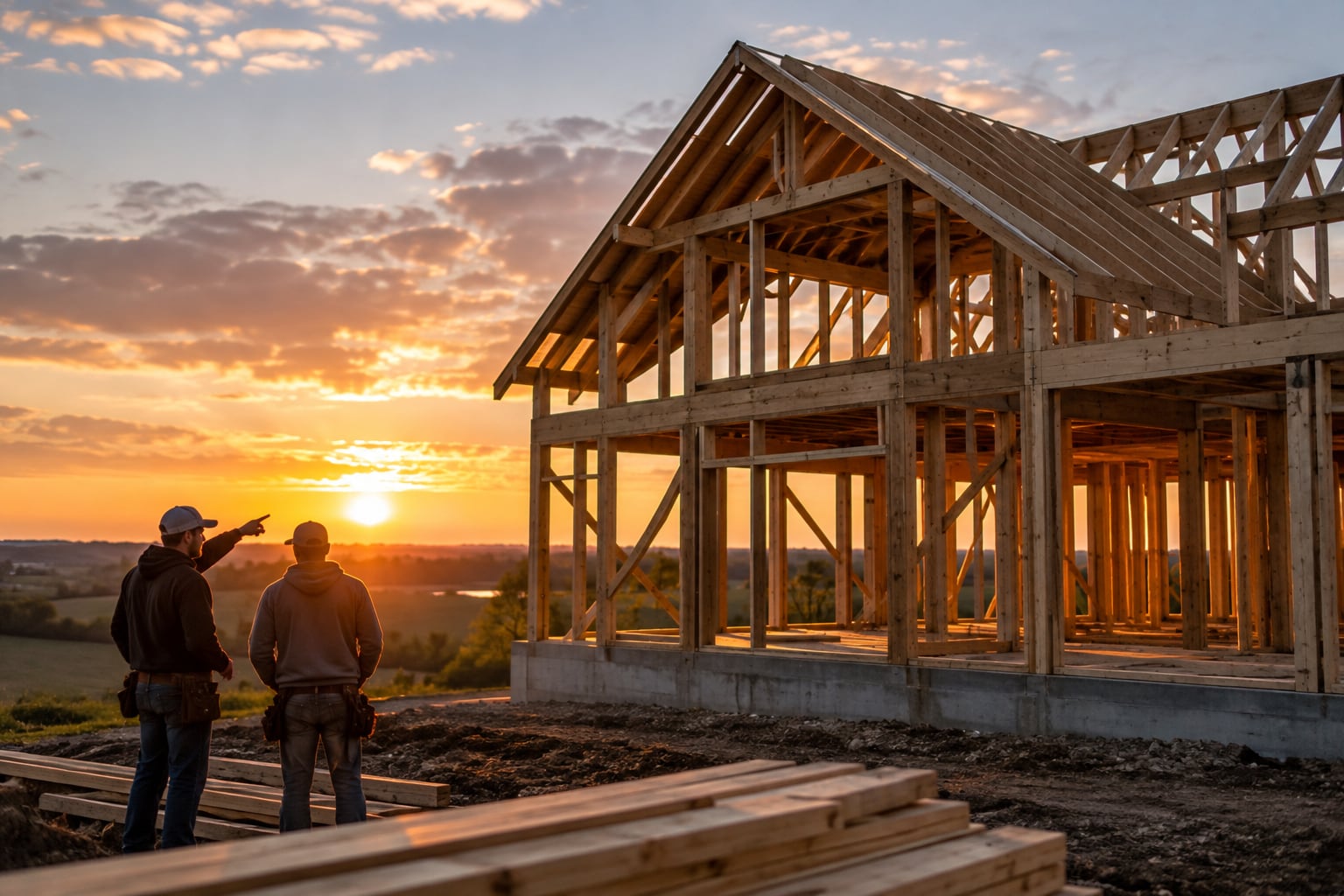 Timber-framed house shell standing against a wide Iowa sky at dusk