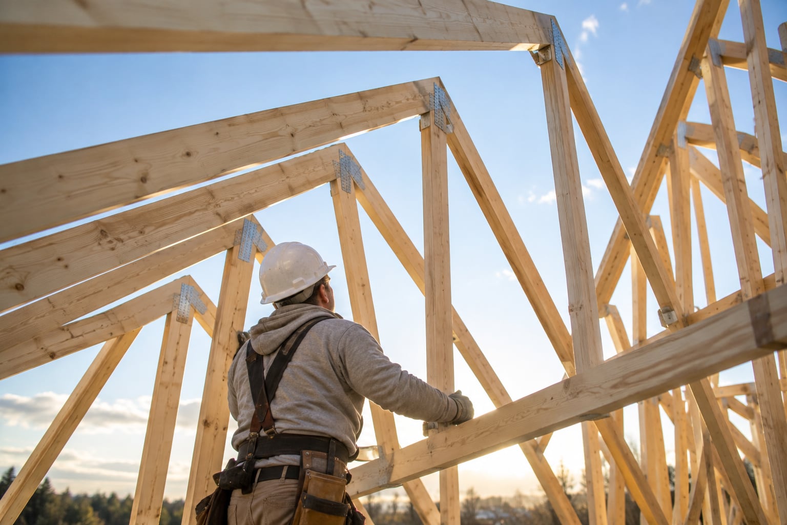 Roof trusses set in place against an open sky